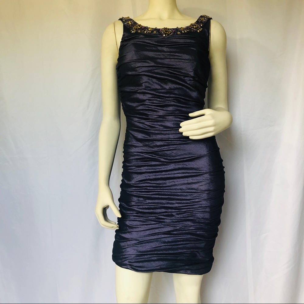 Deep Plum Cocktail Dress with Jewel Encrusted Neck